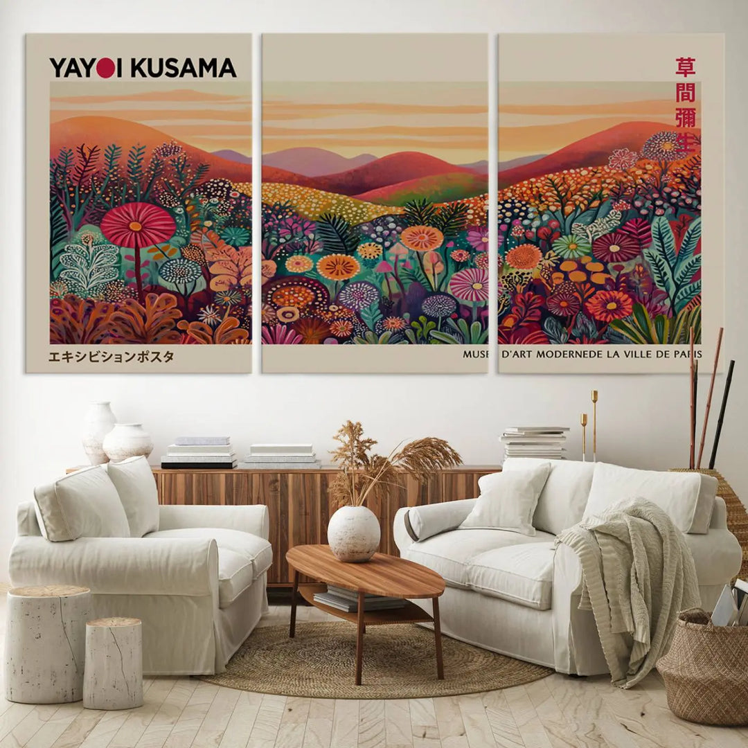 The room is adorned with a triptych artwork depicting colorful flowers and hills, incorporating the "Framed Yayoi Kusama 1986 Wall Art Print" – a vibrant abstract landscape canvas print that blends Japanese Wabi Sabi themes into contemporary nature-inspired décor.