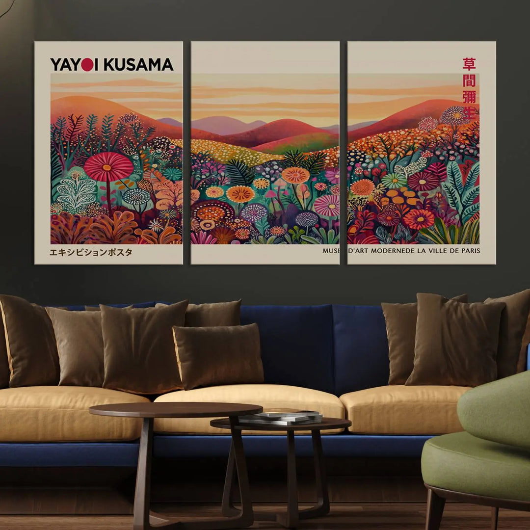 The room is adorned with a triptych artwork depicting colorful flowers and hills, incorporating the "Framed Yayoi Kusama 1986 Wall Art Print" – a vibrant abstract landscape canvas print that blends Japanese Wabi Sabi themes into contemporary nature-inspired décor.