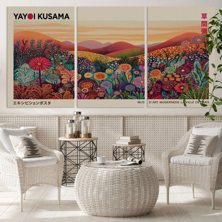 The room is adorned with a triptych artwork depicting colorful flowers and hills, incorporating the "Framed Yayoi Kusama 1986 Wall Art Print" – a vibrant abstract landscape canvas print that blends Japanese Wabi Sabi themes into contemporary nature-inspired décor.