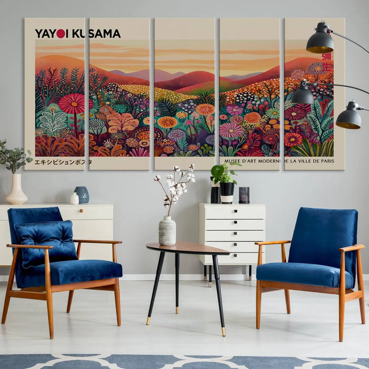 The room is adorned with a triptych artwork depicting colorful flowers and hills, incorporating the "Framed Yayoi Kusama 1986 Wall Art Print" – a vibrant abstract landscape canvas print that blends Japanese Wabi Sabi themes into contemporary nature-inspired décor.