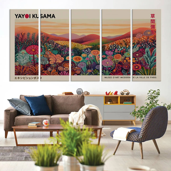 The room is adorned with a triptych artwork depicting colorful flowers and hills, incorporating the "Framed Yayoi Kusama 1986 Wall Art Print" – a vibrant abstract landscape canvas print that blends Japanese Wabi Sabi themes into contemporary nature-inspired décor.