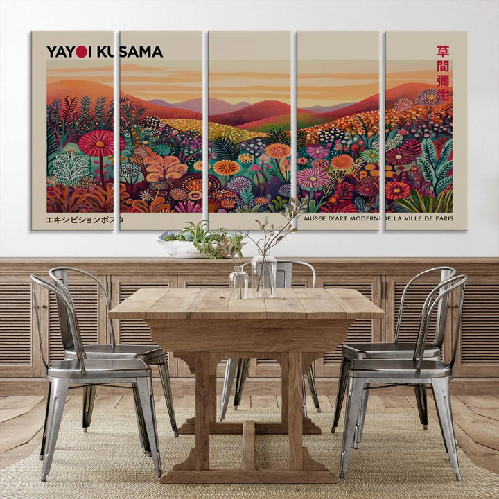 The room is adorned with a triptych artwork depicting colorful flowers and hills, incorporating the "Framed Yayoi Kusama 1986 Wall Art Print" – a vibrant abstract landscape canvas print that blends Japanese Wabi Sabi themes into contemporary nature-inspired décor.