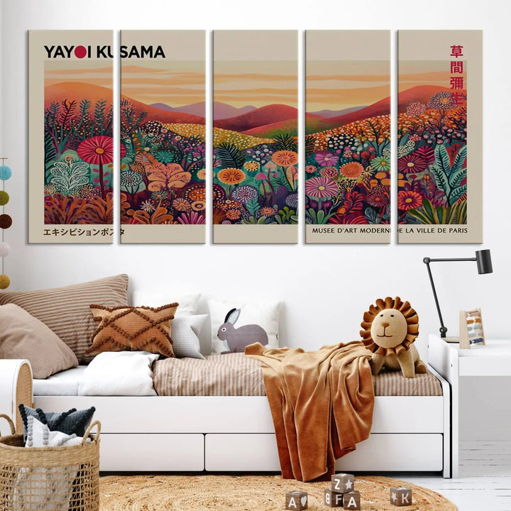 The room is adorned with a triptych artwork depicting colorful flowers and hills, incorporating the "Framed Yayoi Kusama 1986 Wall Art Print" – a vibrant abstract landscape canvas print that blends Japanese Wabi Sabi themes into contemporary nature-inspired décor.