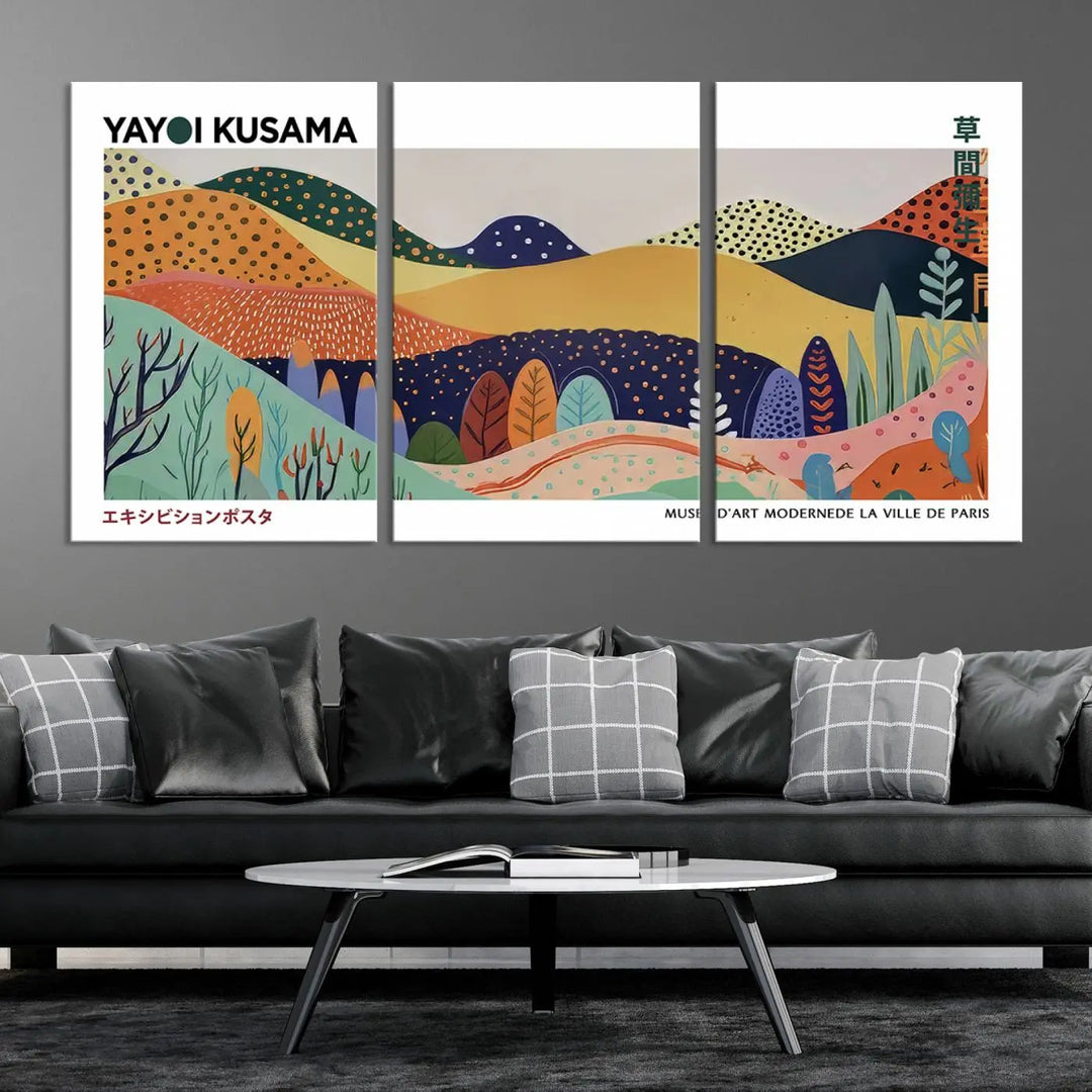 A triptych featuring the Framed Yayoi Kusama 1986 Wall Art Print hangs above. This Japanese Wabi Sabi inspired piece, rich in vibrant abstract landscapes, adds an elegant touch to any nature-inspired décor.