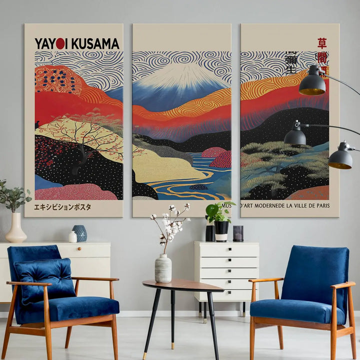 A framed Yayoi Kusama 1986 wall art print, showcasing vibrant abstract landscapes with a Wabi Sabi influence, is prominently displayed as a Japanese wall art piece.