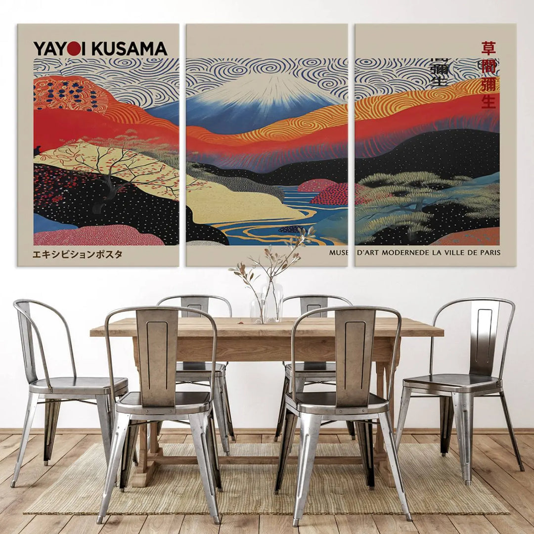 A framed Yayoi Kusama 1986 wall art print, showcasing vibrant abstract landscapes with a Wabi Sabi influence, is prominently displayed as a Japanese wall art piece.