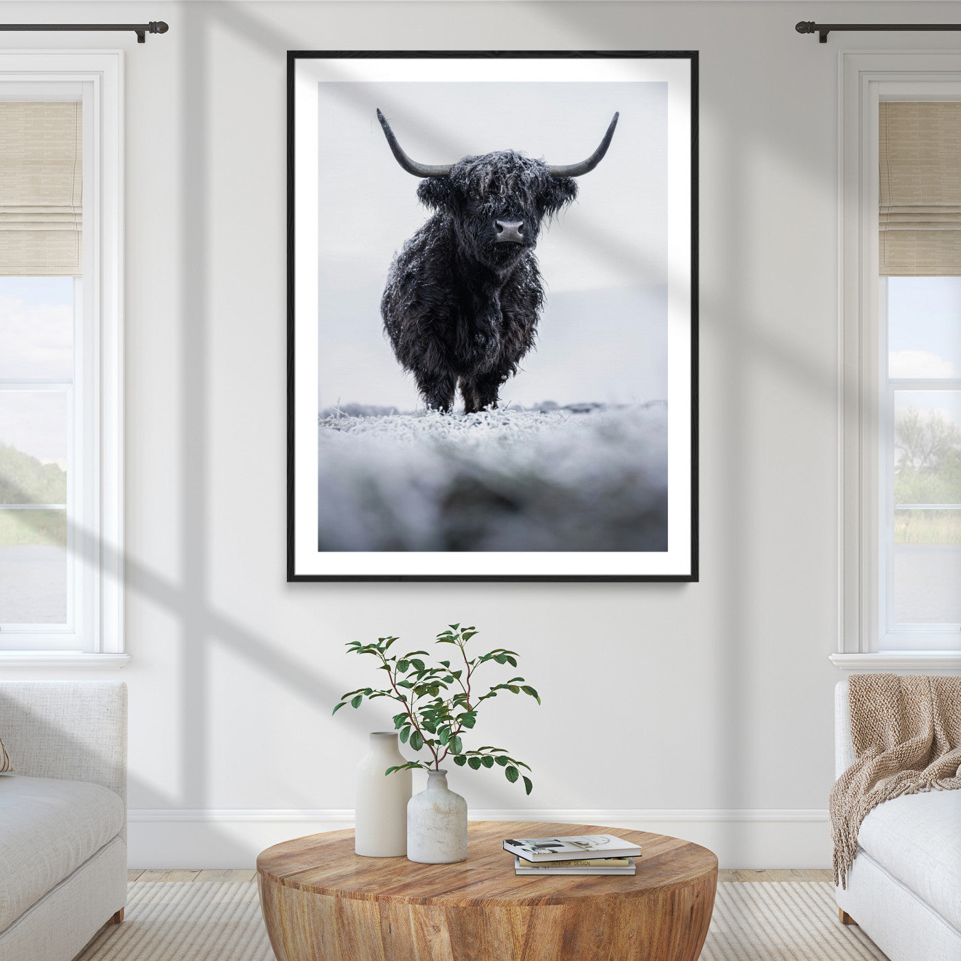 Frosty Black Highland Wall Art Canvas Print, Moody Winter Aesthetic Print, Framed Scottish Highlands Art Print, Large Dramatic Animal