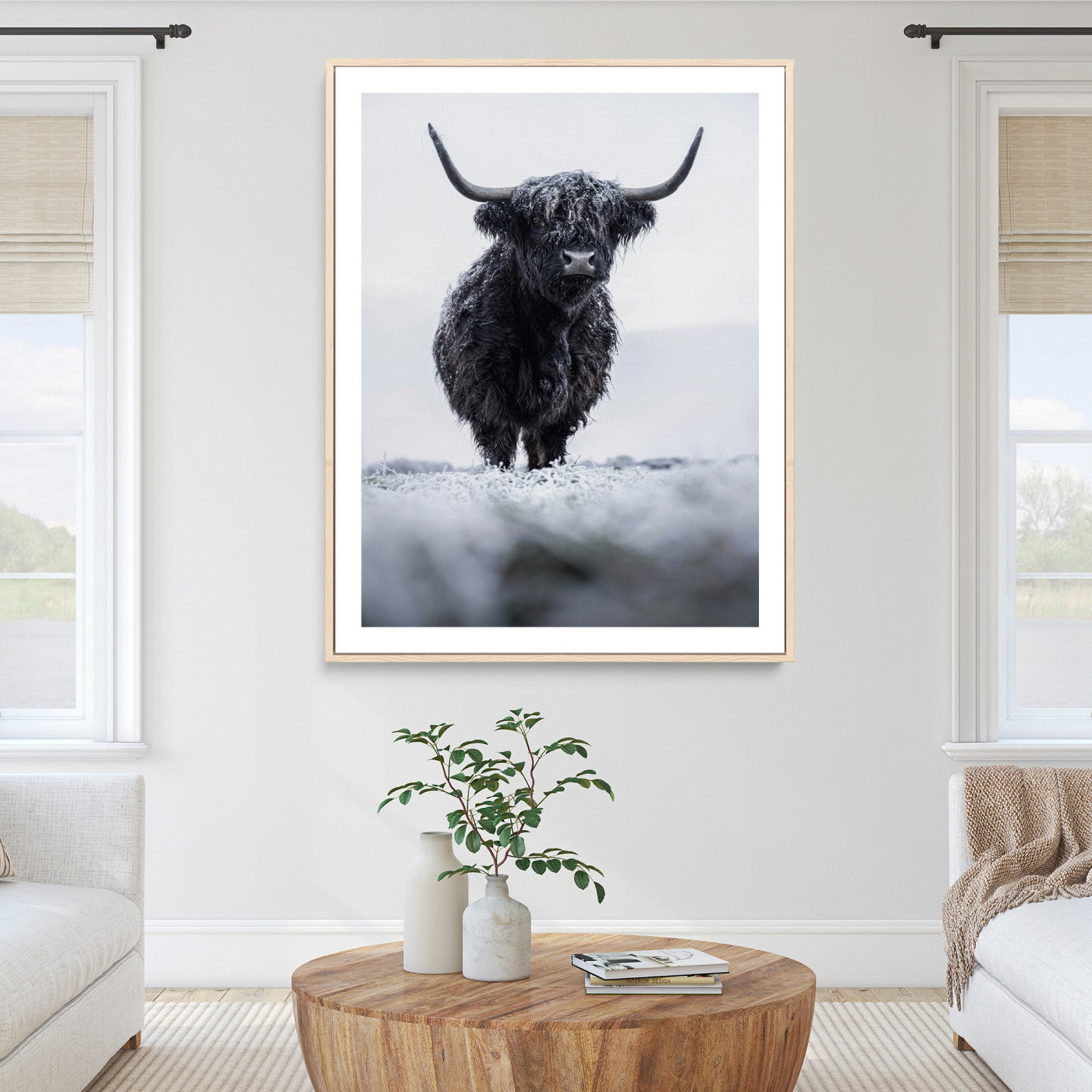 Frosty Black Highland Wall Art Canvas Print, Moody Winter Aesthetic Print, Framed Scottish Highlands Art Print, Large Dramatic Animal