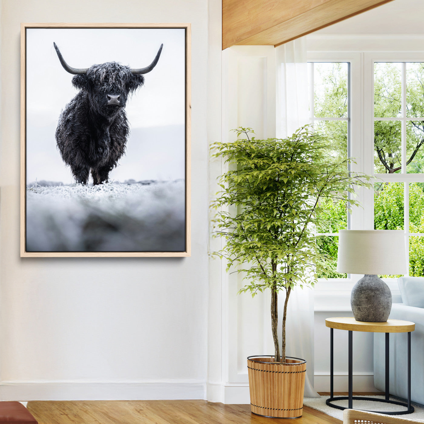 Frosty Black Highland Wall Art Canvas Print, Moody Winter Aesthetic Print, Framed Scottish Highlands Art Print, Large Dramatic Animal