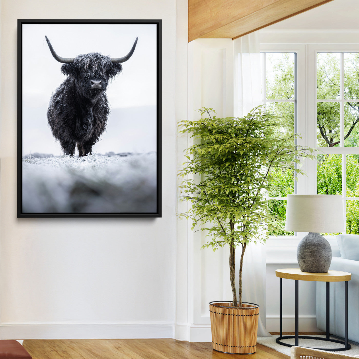 Frosty Black Highland Wall Art Canvas Print, Moody Winter Aesthetic Print, Framed Scottish Highlands Art Print, Large Dramatic Animal