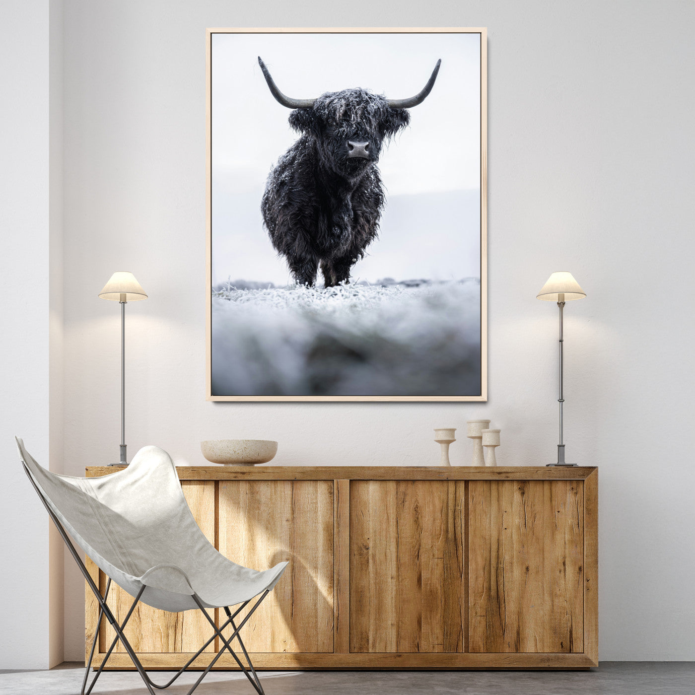 Frosty Black Highland Wall Art Canvas Print, Moody Winter Aesthetic Print, Framed Scottish Highlands Art Print, Large Dramatic Animal