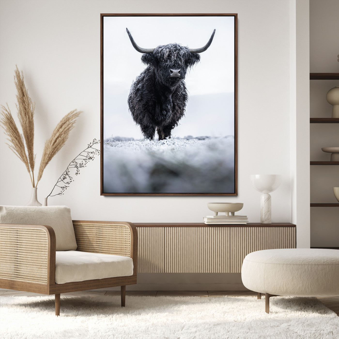 Frosty Black Highland Wall Art Canvas Print, Moody Winter Aesthetic Print, Framed Scottish Highlands Art Print, Large Dramatic Animal