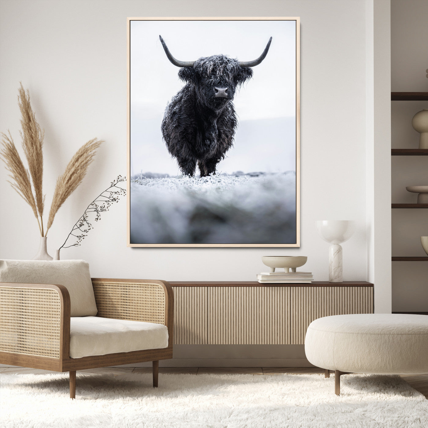 Frosty Black Highland Wall Art Canvas Print, Moody Winter Aesthetic Print, Framed Scottish Highlands Art Print, Large Dramatic Animal