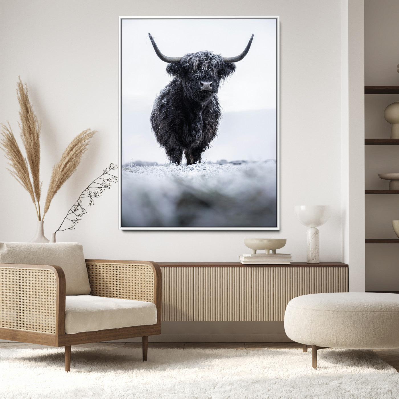 Frosty Black Highland Wall Art Canvas Print, Moody Winter Aesthetic Print, Framed Scottish Highlands Art Print, Large Dramatic Animal