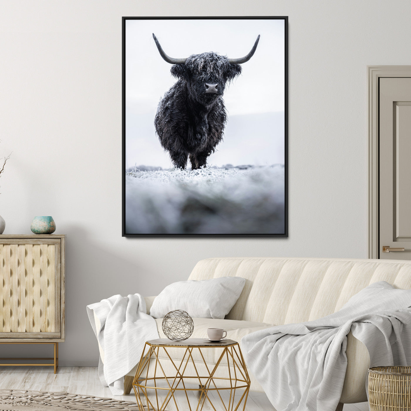 Frosty Black Highland Wall Art Canvas Print, Moody Winter Aesthetic Print, Framed Scottish Highlands Art Print, Large Dramatic Animal