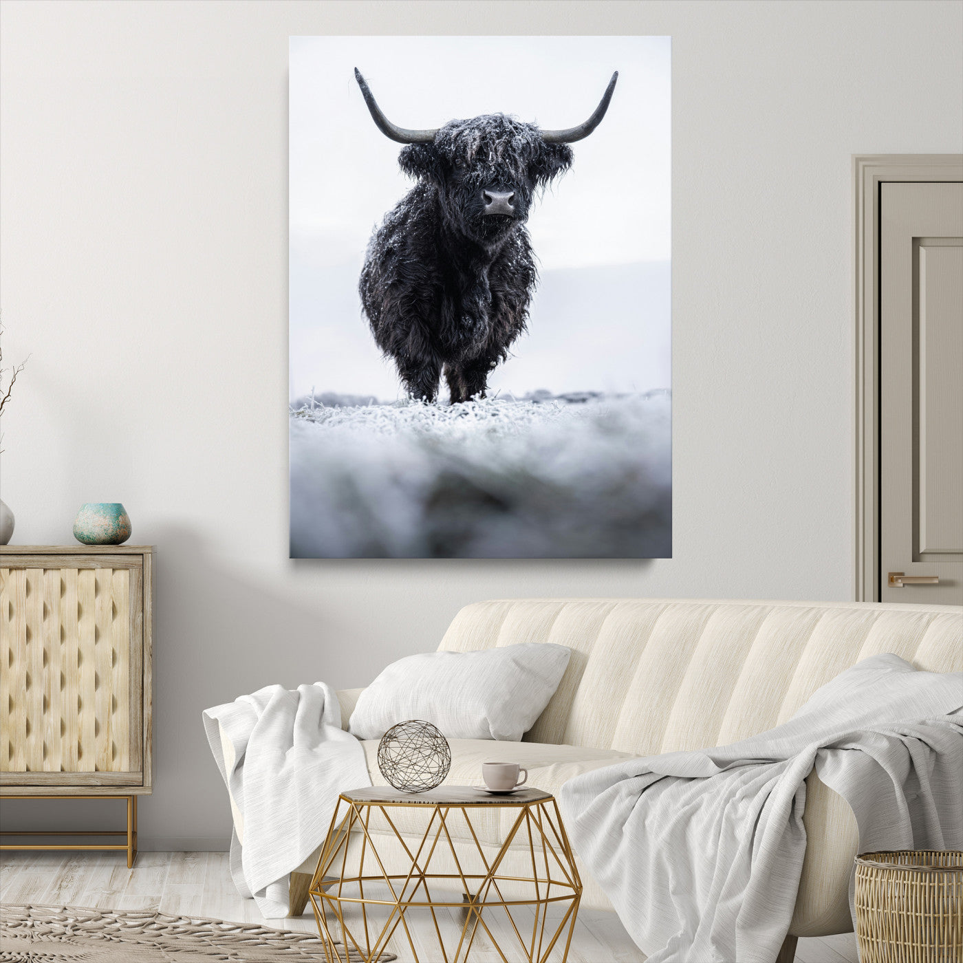 Frosty Black Highland Wall Art Canvas Print, Moody Winter Aesthetic Print, Framed Scottish Highlands Art Print, Large Dramatic Animal