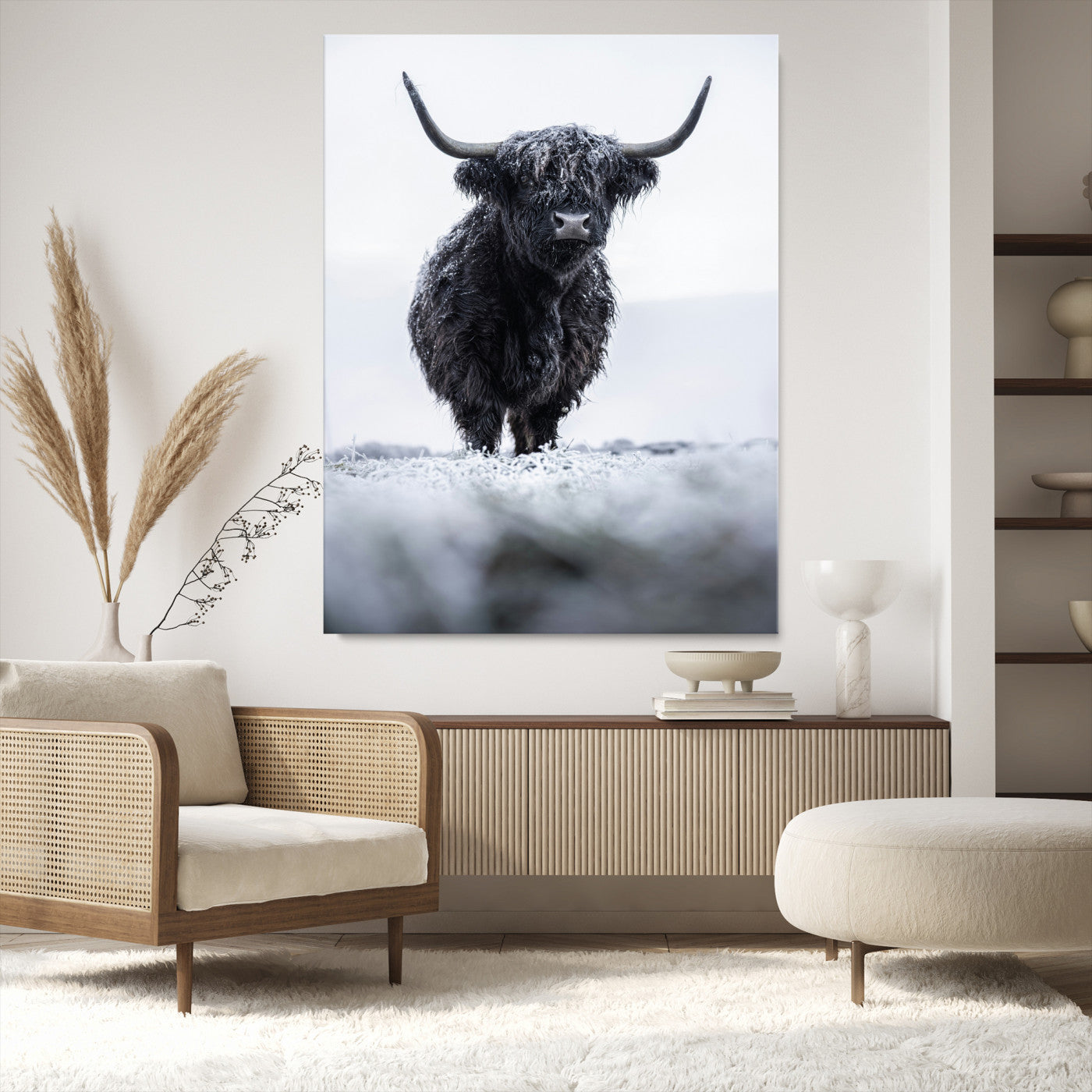 Frosty Black Highland Wall Art Canvas Print, Moody Winter Aesthetic Print, Framed Scottish Highlands Art Print, Large Dramatic Animal
