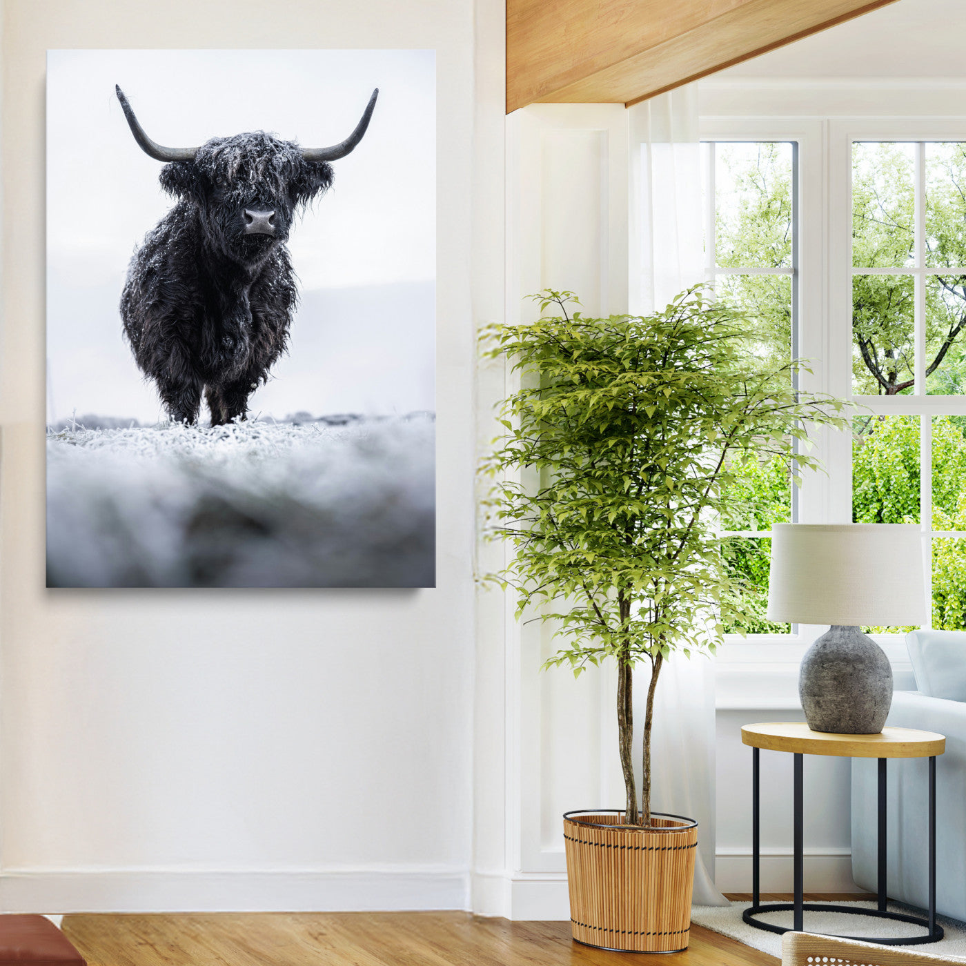Frosty Black Highland Wall Art Canvas Print, Moody Winter Aesthetic Print, Framed Scottish Highlands Art Print, Large Dramatic Animal