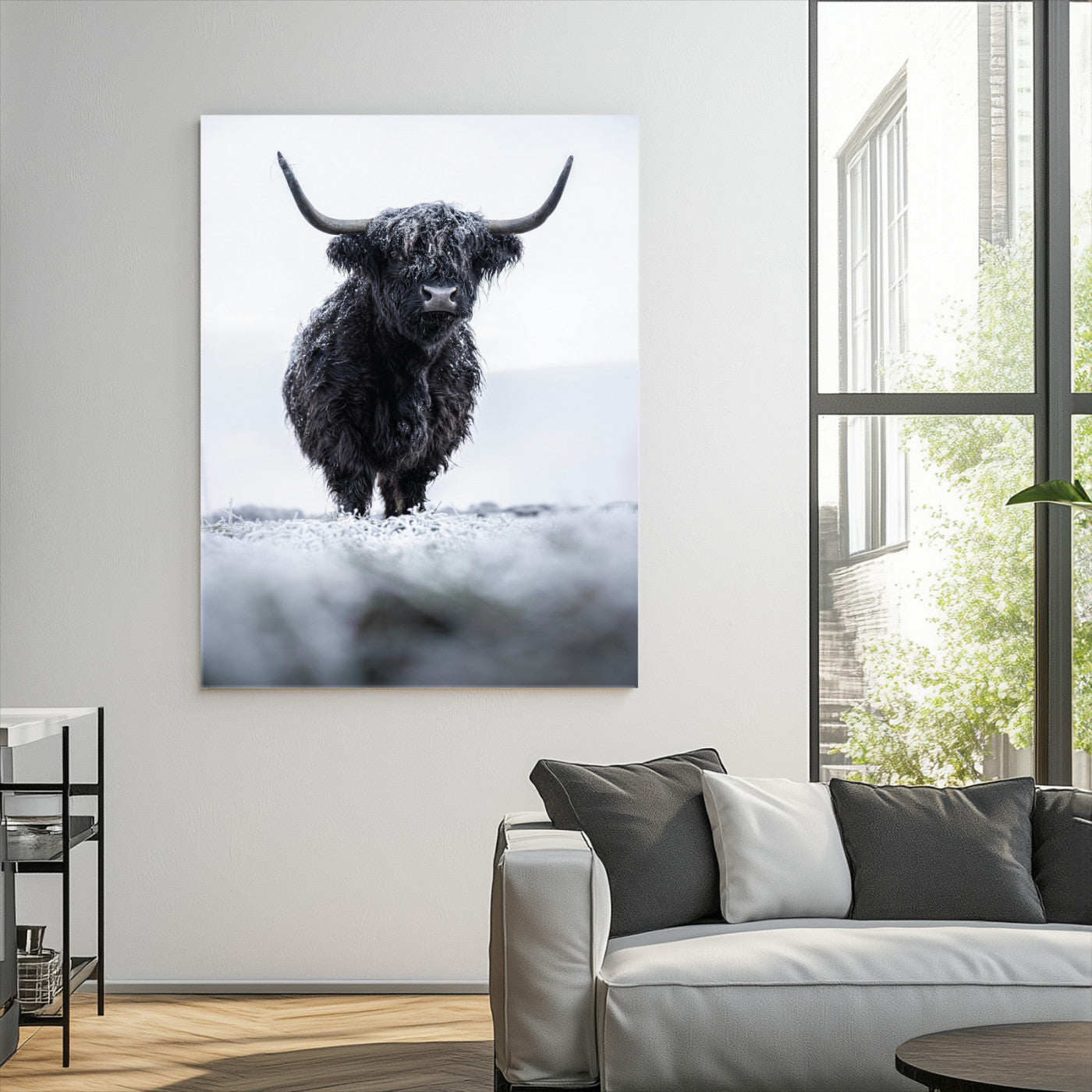 Frosty Black Highland Wall Art Canvas Print, Moody Winter Aesthetic Print, Framed Scottish Highlands Art Print, Large Dramatic Animal