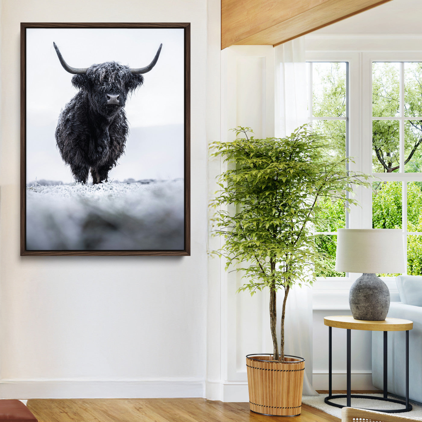 Frosty Black Highland Wall Art Canvas Print, Moody Winter Aesthetic Print, Framed Scottish Highlands Art Print, Large Dramatic Animal