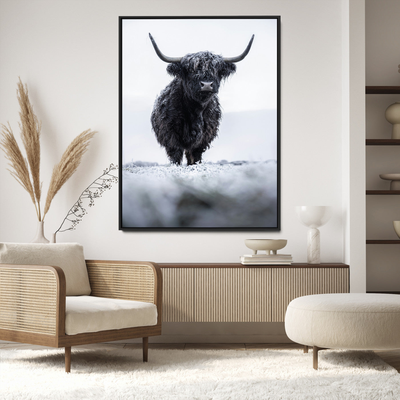 Frosty Black Highland Wall Art Canvas Print, Moody Winter Aesthetic Print, Framed Scottish Highlands Art Print, Large Dramatic Animal