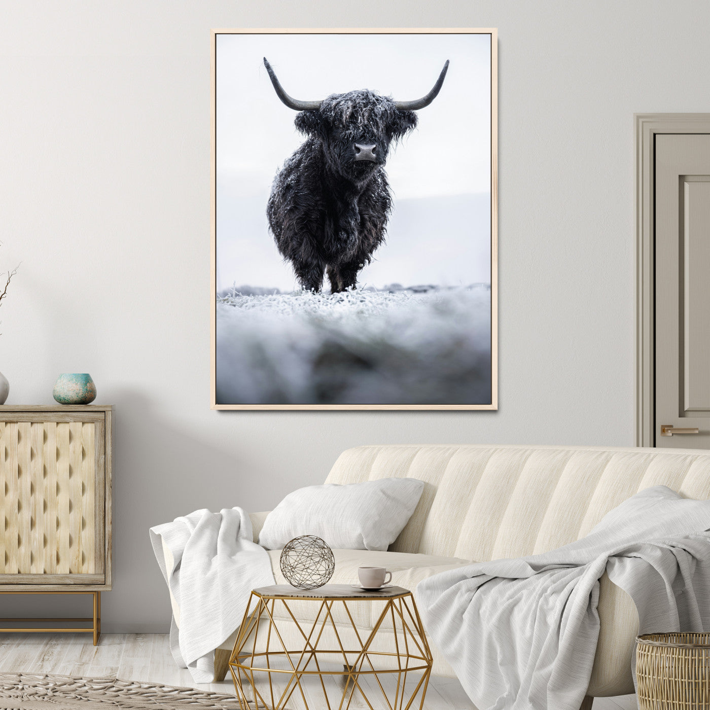 Frosty Black Highland Wall Art Canvas Print, Moody Winter Aesthetic Print, Framed Scottish Highlands Art Print, Large Dramatic Animal