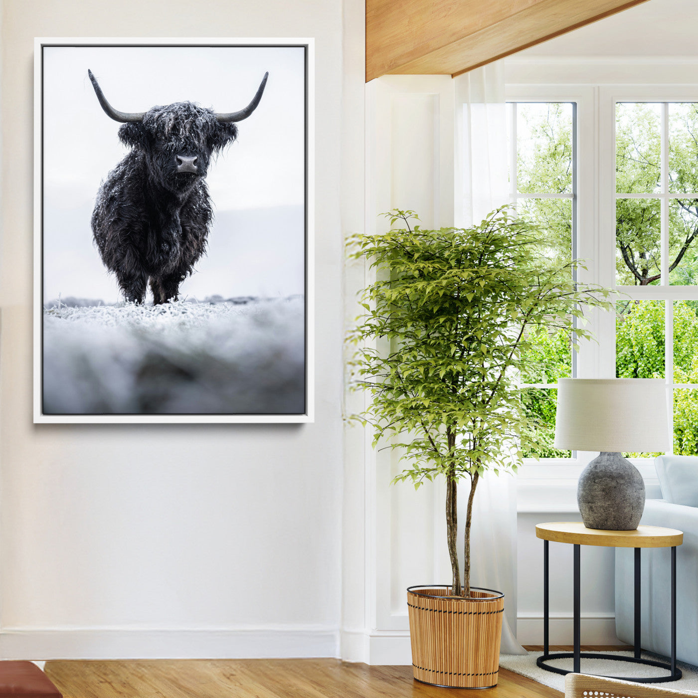 Frosty Black Highland Wall Art Canvas Print, Moody Winter Aesthetic Print, Framed Scottish Highlands Art Print, Large Dramatic Animal