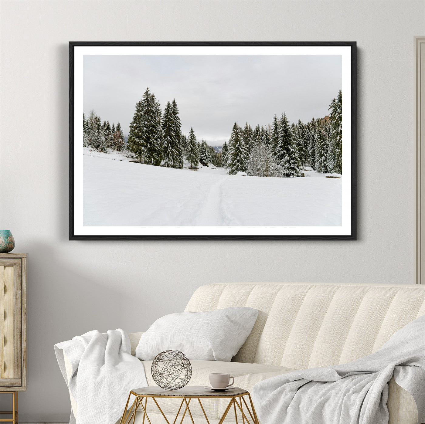 24581417-MGC-FP-36x24_Black-Frosty Pines Wall Art Canvas Print, Silent Snowfall Print, Framed Cozy Cabin Vibes Art Print, Large Rustic Woodland Escape Printing