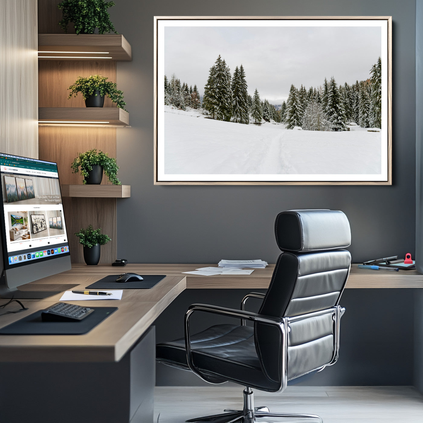 24581417-MGC-FP-36x24_Natural-Frosty Pines Wall Art Canvas Print, Silent Snowfall Print, Framed Cozy Cabin Vibes Art Print, Large Rustic Woodland Escape Printing