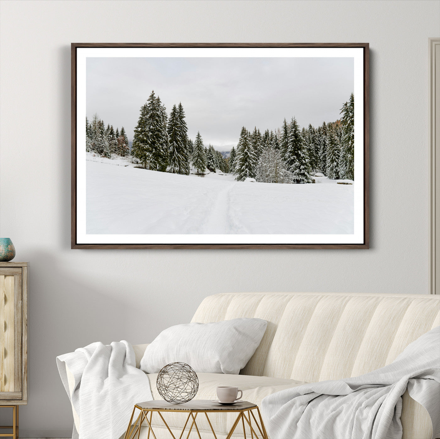 24581417-MGC-FP-36x24_Walnut-Frosty Pines Wall Art Canvas Print, Silent Snowfall Print, Framed Cozy Cabin Vibes Art Print, Large Rustic Woodland Escape Printing