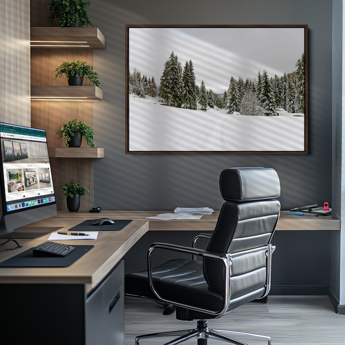 Frosty Pines Wall Art Canvas Print, Silent Snowfall Print, Framed Cozy Cabin Vibes Art Print, Large Rustic Woodland Escape Printing