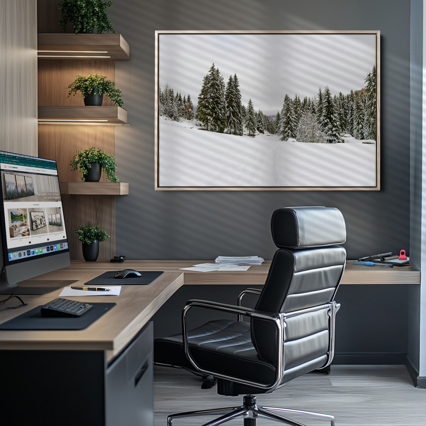 Frosty Pines Wall Art Canvas Print, Silent Snowfall Print, Framed Cozy Cabin Vibes Art Print, Large Rustic Woodland Escape Printing