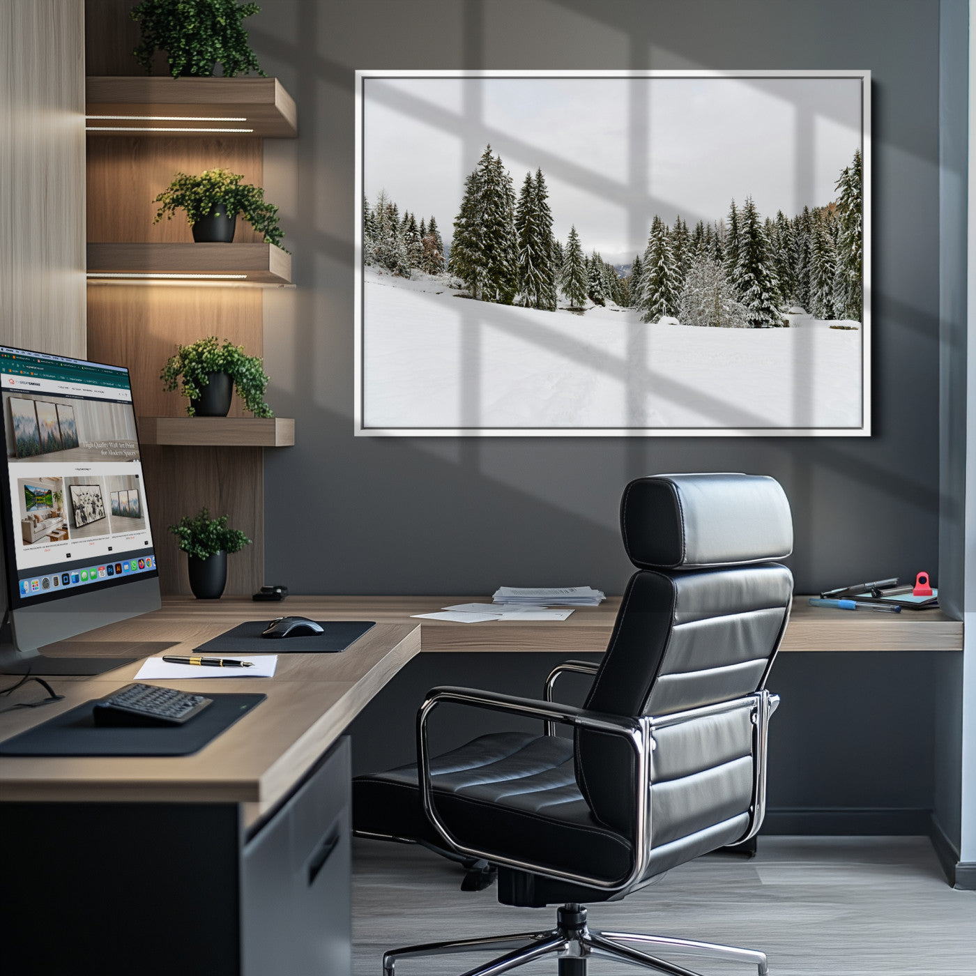 Frosty Pines Wall Art Canvas Print, Silent Snowfall Print, Framed Cozy Cabin Vibes Art Print, Large Rustic Woodland Escape Printing
