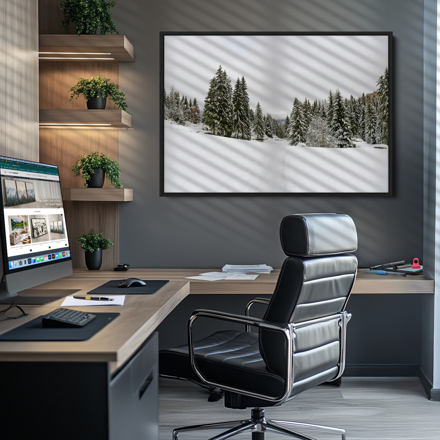 Frosty Pines Wall Art Canvas Print, Silent Snowfall Print, Framed Cozy Cabin Vibes Art Print, Large Rustic Woodland Escape Printing