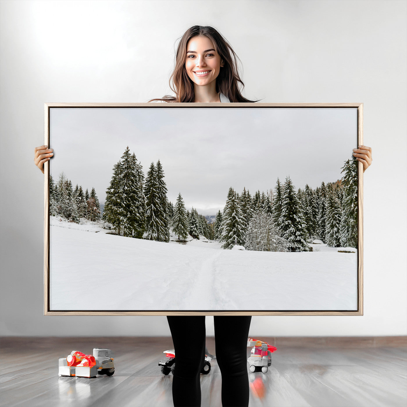 Frosty Pines Wall Art Canvas Print, Silent Snowfall Print, Framed Cozy Cabin Vibes Art Print, Large Rustic Woodland Escape Printing