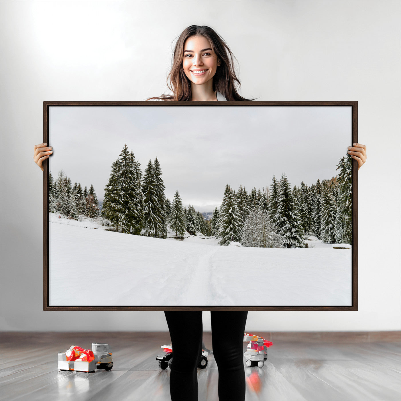 Frosty Pines Wall Art Canvas Print, Silent Snowfall Print, Framed Cozy Cabin Vibes Art Print, Large Rustic Woodland Escape Printing