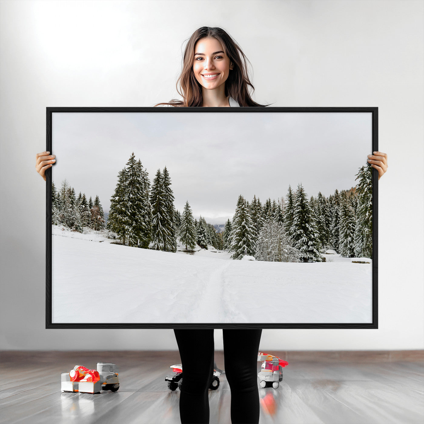 Frosty Pines Wall Art Canvas Print, Silent Snowfall Print, Framed Cozy Cabin Vibes Art Print, Large Rustic Woodland Escape Printing