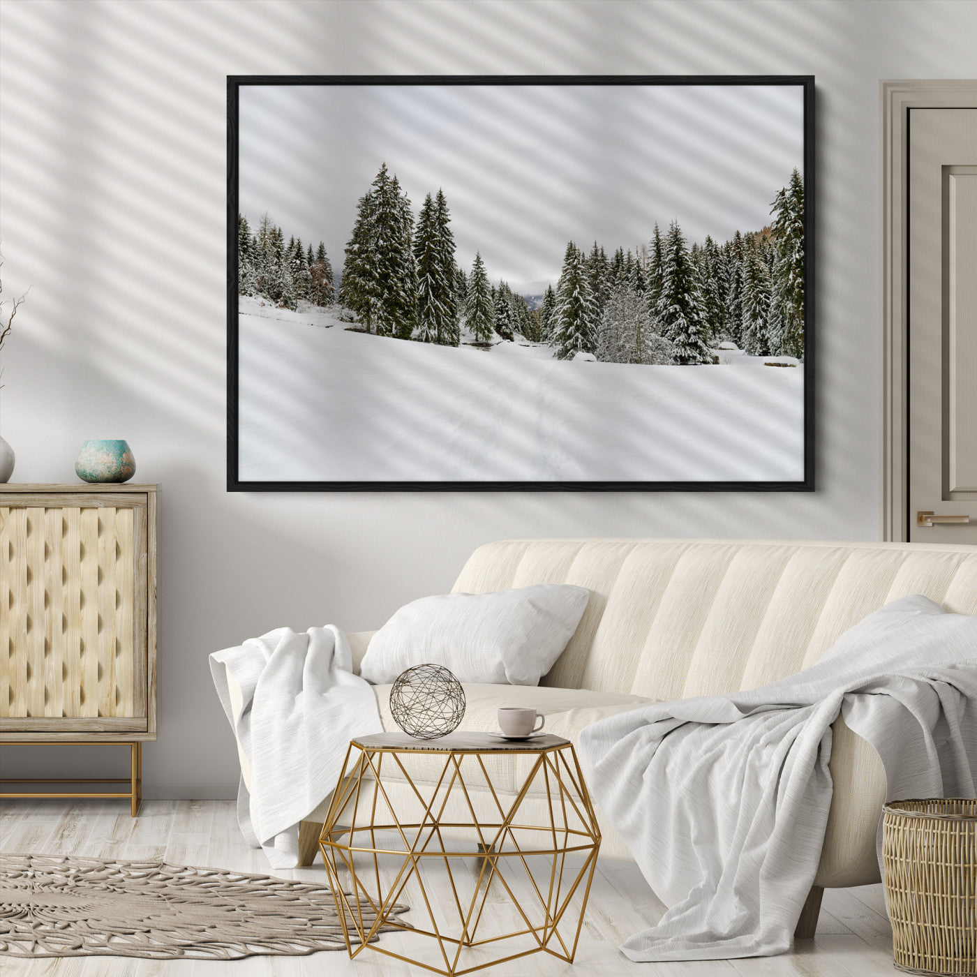 Frosty Pines Wall Art Canvas Print, Silent Snowfall Print, Framed Cozy Cabin Vibes Art Print, Large Rustic Woodland Escape Printing
