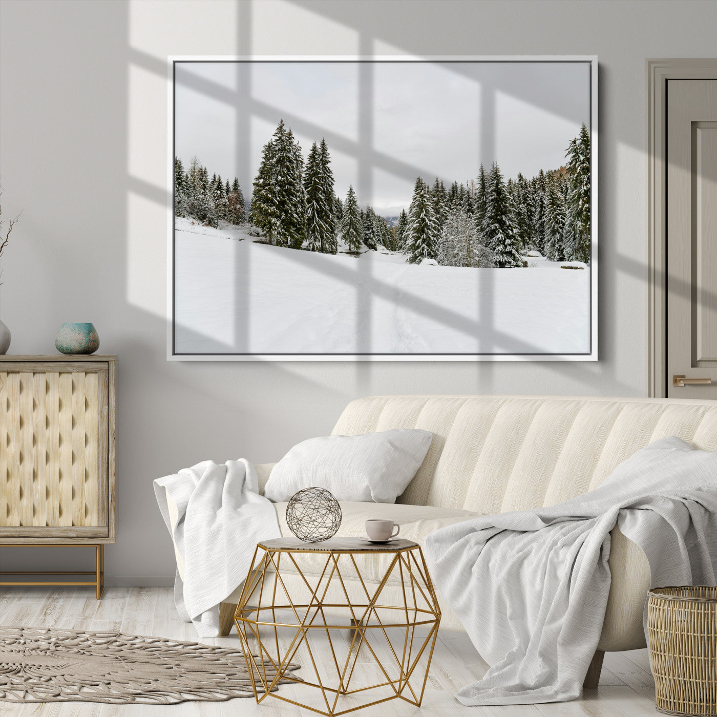 Frosty Pines Wall Art Canvas Print, Silent Snowfall Print, Framed Cozy Cabin Vibes Art Print, Large Rustic Woodland Escape Printing