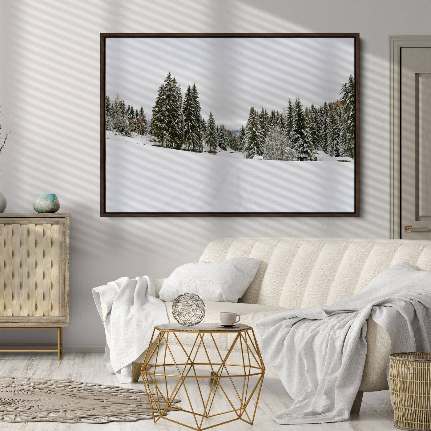 Frosty Pines Wall Art Canvas Print, Silent Snowfall Print, Framed Cozy Cabin Vibes Art Print, Large Rustic Woodland Escape Printing
