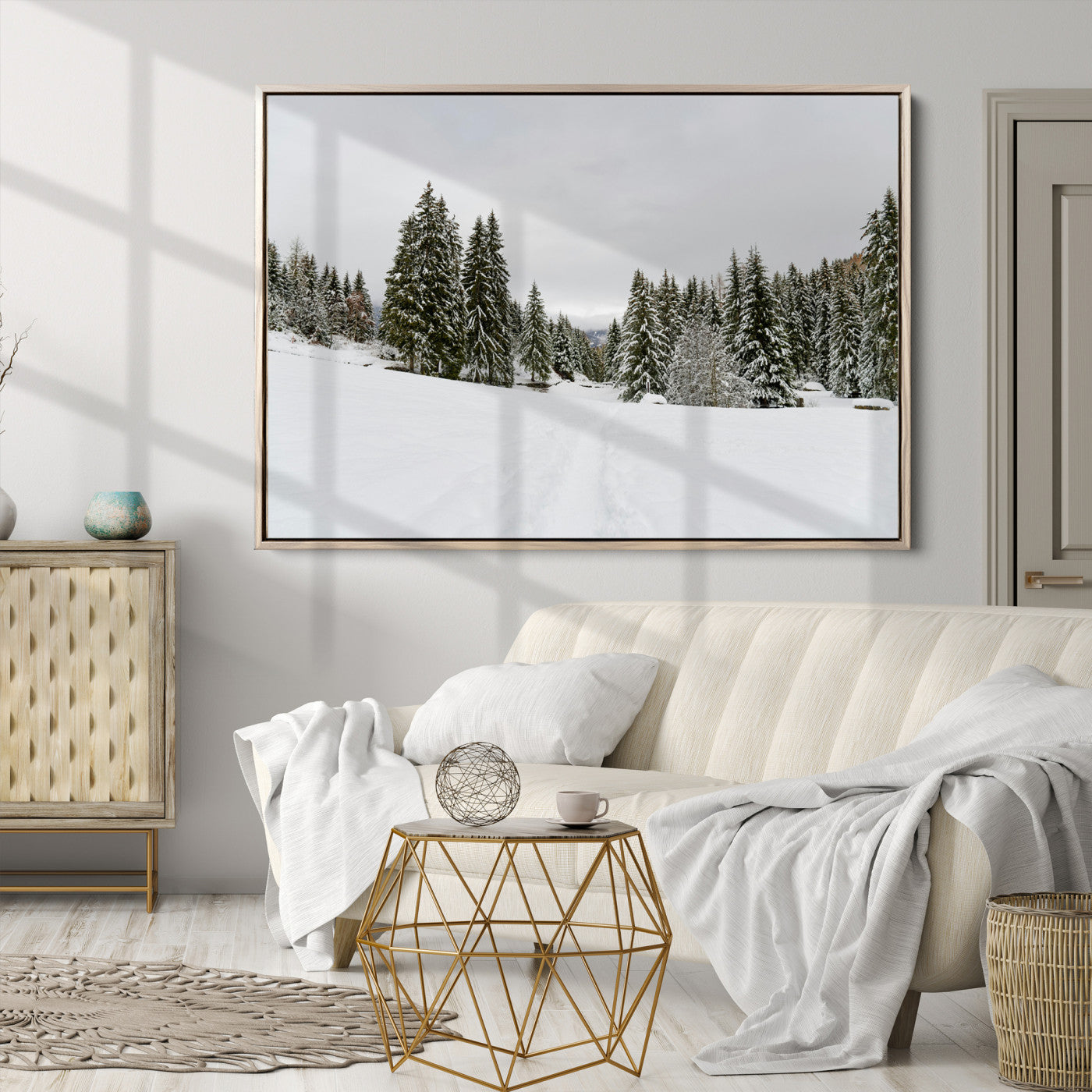 Frosty Pines Wall Art Canvas Print, Silent Snowfall Print, Framed Cozy Cabin Vibes Art Print, Large Rustic Woodland Escape Printing