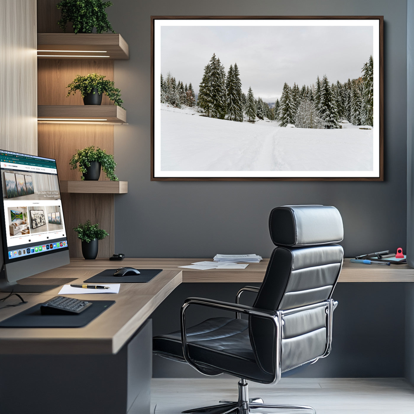 Frosty Pines Wall Art Canvas Print, Silent Snowfall Print, Framed Cozy Cabin Vibes Art Print, Large Rustic Woodland Escape Printing
