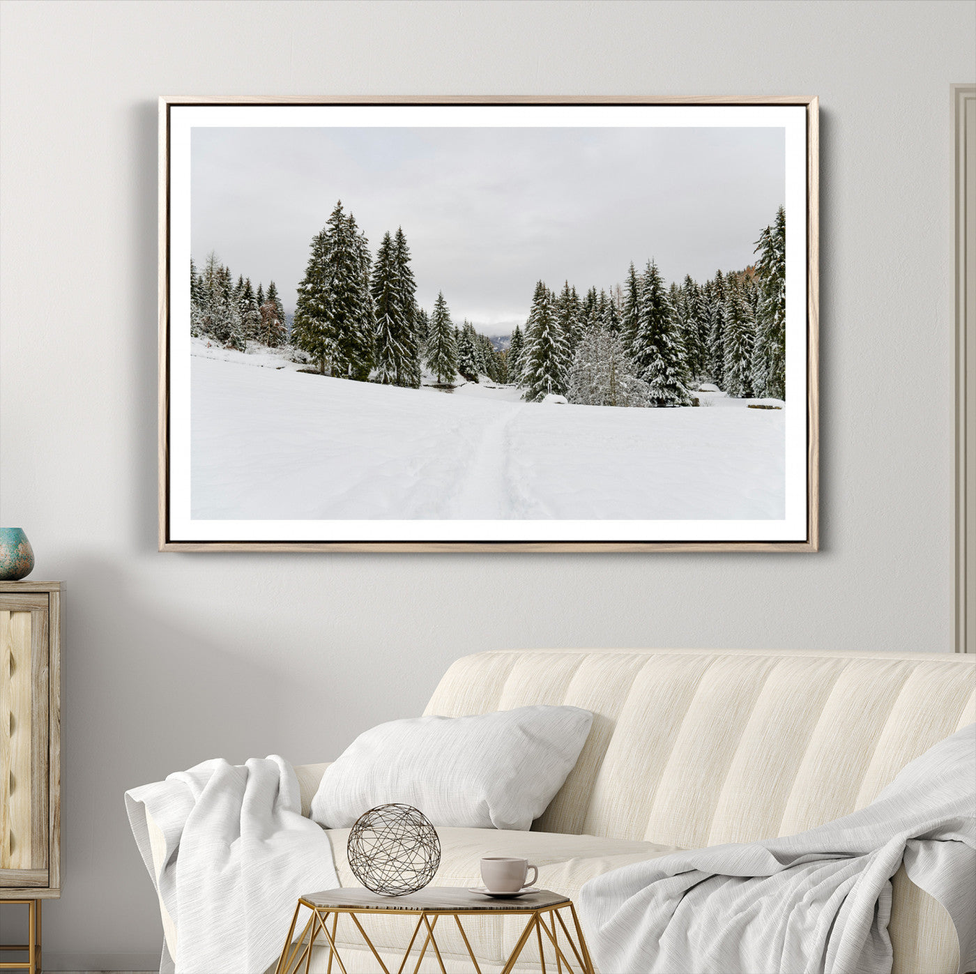 24581417-MGV-CV-36X24-Frosty Pines Wall Art Canvas Print, Silent Snowfall Print, Framed Cozy Cabin Vibes Art Print, Large Rustic Woodland Escape Printing