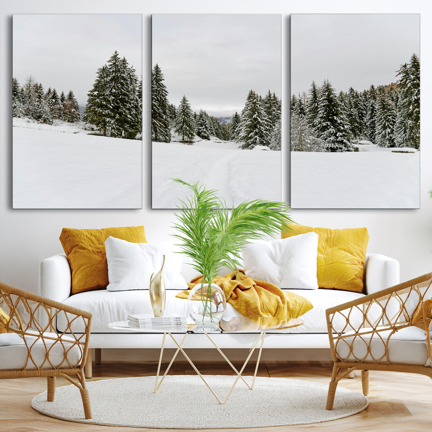24581417-MGV-CV-36X24-Frosty Pines Wall Art Canvas Print, Silent Snowfall Print, Framed Cozy Cabin Vibes Art Print, Large Rustic Woodland Escape Printing