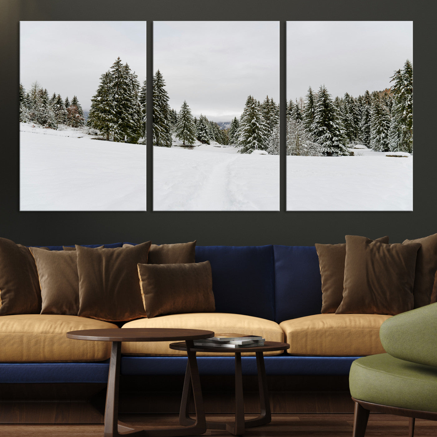 24581417-MGV-CV-36X24-Frosty Pines Wall Art Canvas Print, Silent Snowfall Print, Framed Cozy Cabin Vibes Art Print, Large Rustic Woodland Escape Printing