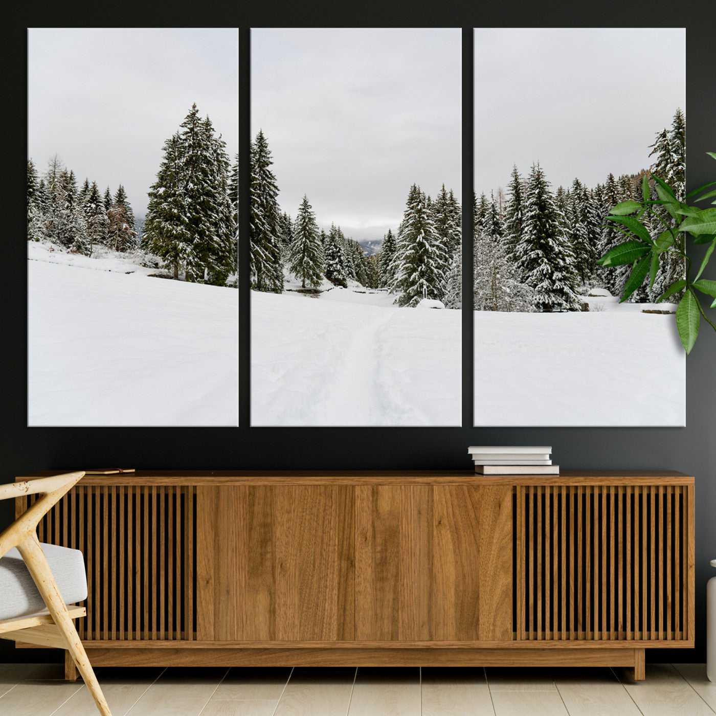 24581417-MGV-CV-36X24-Frosty Pines Wall Art Canvas Print, Silent Snowfall Print, Framed Cozy Cabin Vibes Art Print, Large Rustic Woodland Escape Printing