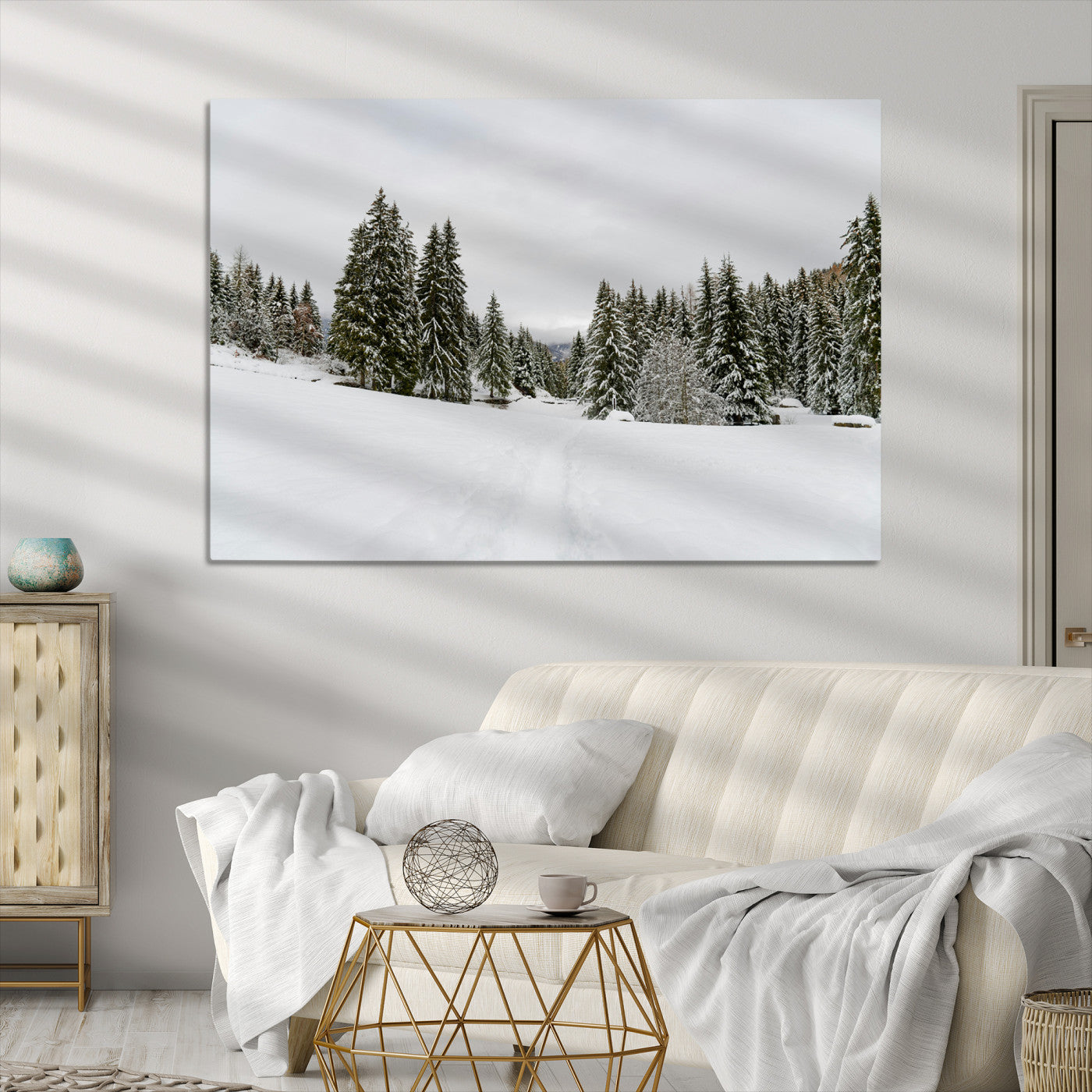 Frosty Pines Wall Art Canvas Print, Silent Snowfall Print, Framed Cozy Cabin Vibes Art Print, Large Rustic Woodland Escape Printing