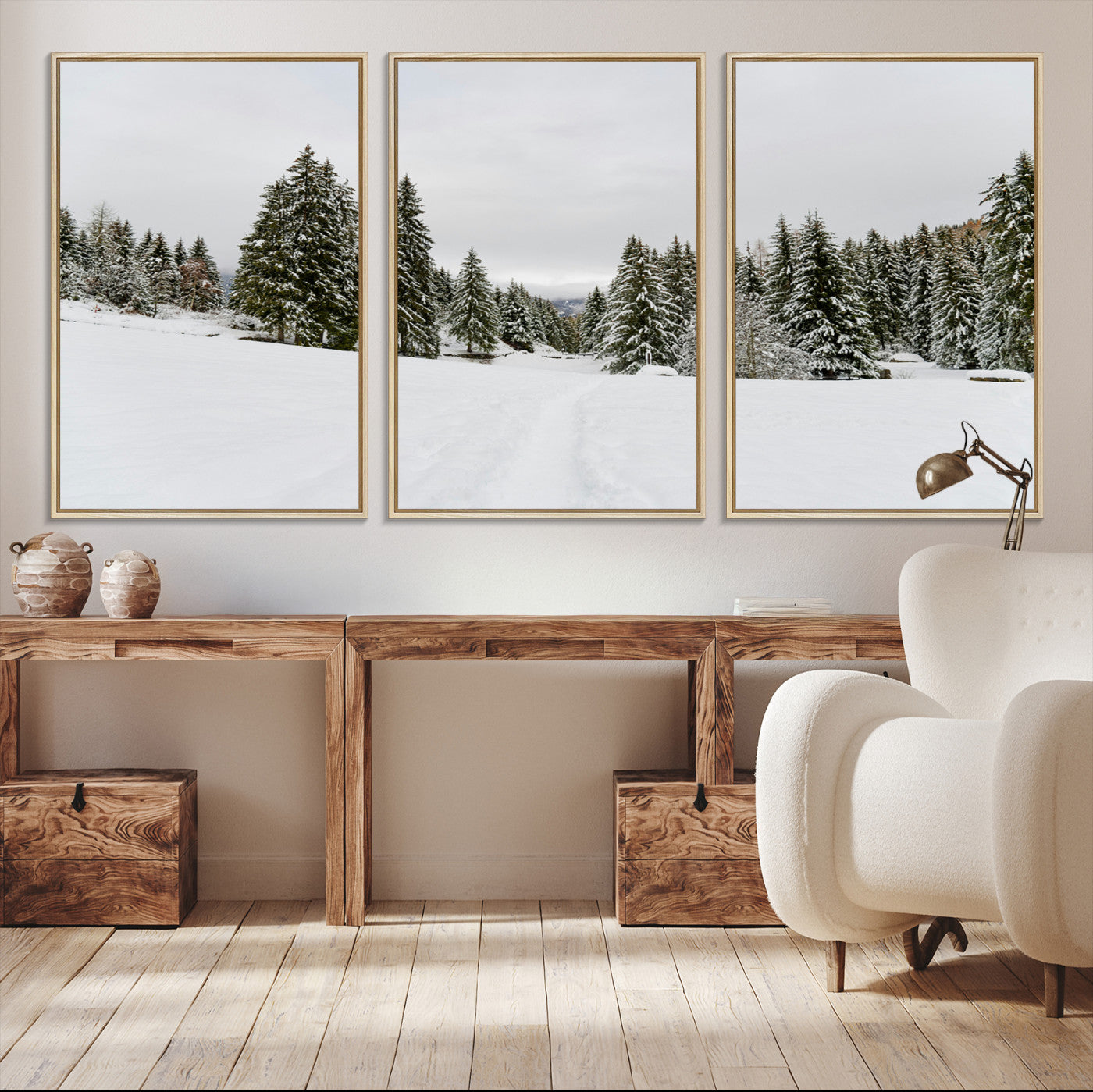 24581417-MGV-CV-36X24-Frosty Pines Wall Art Canvas Print, Silent Snowfall Print, Framed Cozy Cabin Vibes Art Print, Large Rustic Woodland Escape Printing