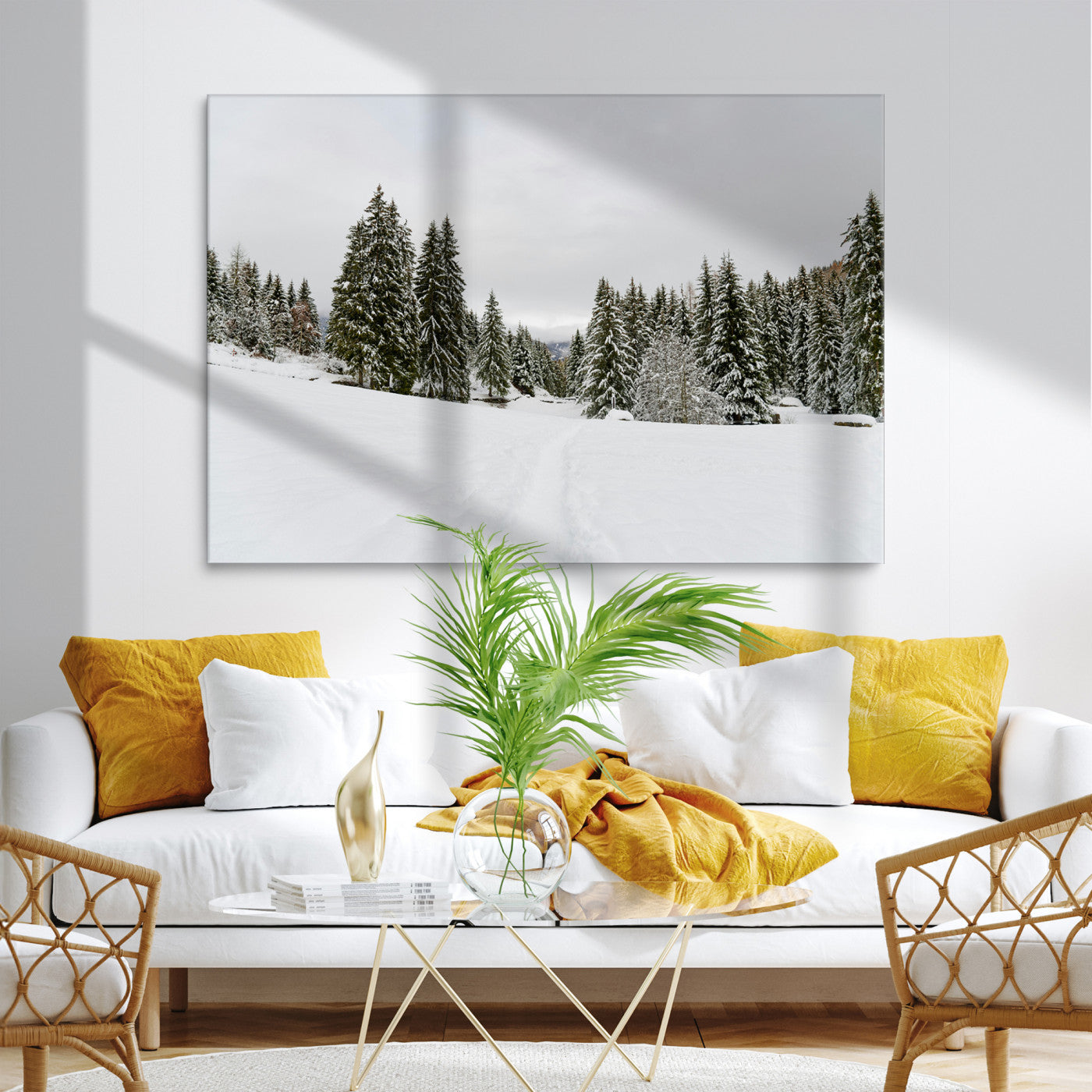 Frosty Pines Wall Art Canvas Print, Silent Snowfall Print, Framed Cozy Cabin Vibes Art Print, Large Rustic Woodland Escape Printing