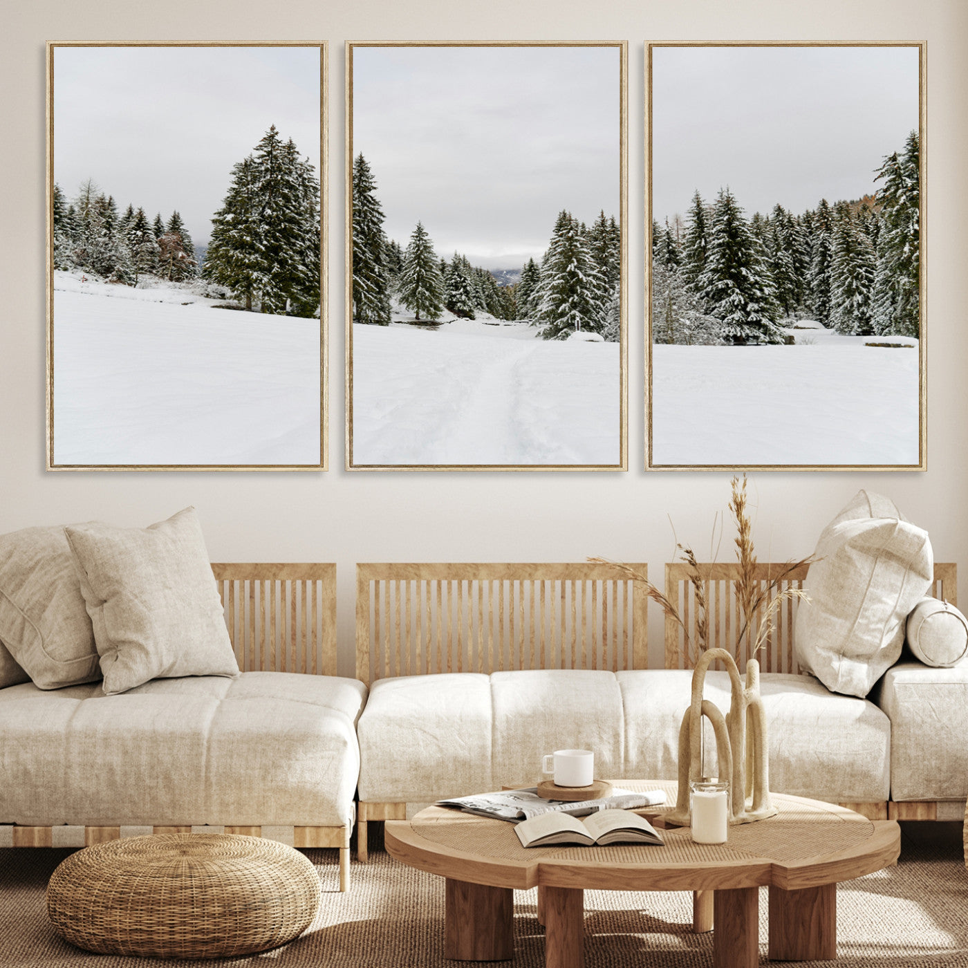 24581417-MGV-CV-36X24-Frosty Pines Wall Art Canvas Print, Silent Snowfall Print, Framed Cozy Cabin Vibes Art Print, Large Rustic Woodland Escape Printing